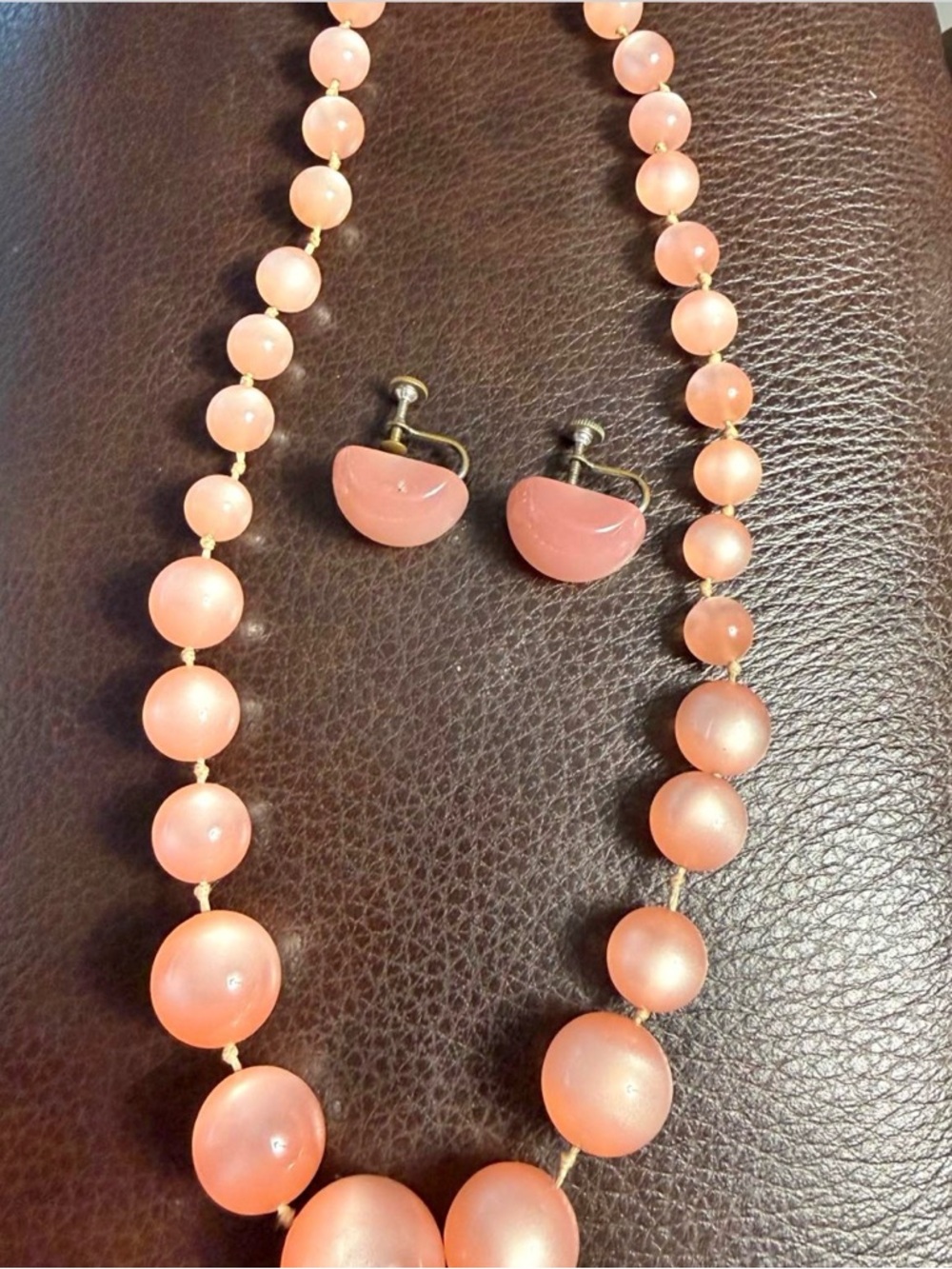 Pink Beaded Necklace and Clip-On Earrings Set